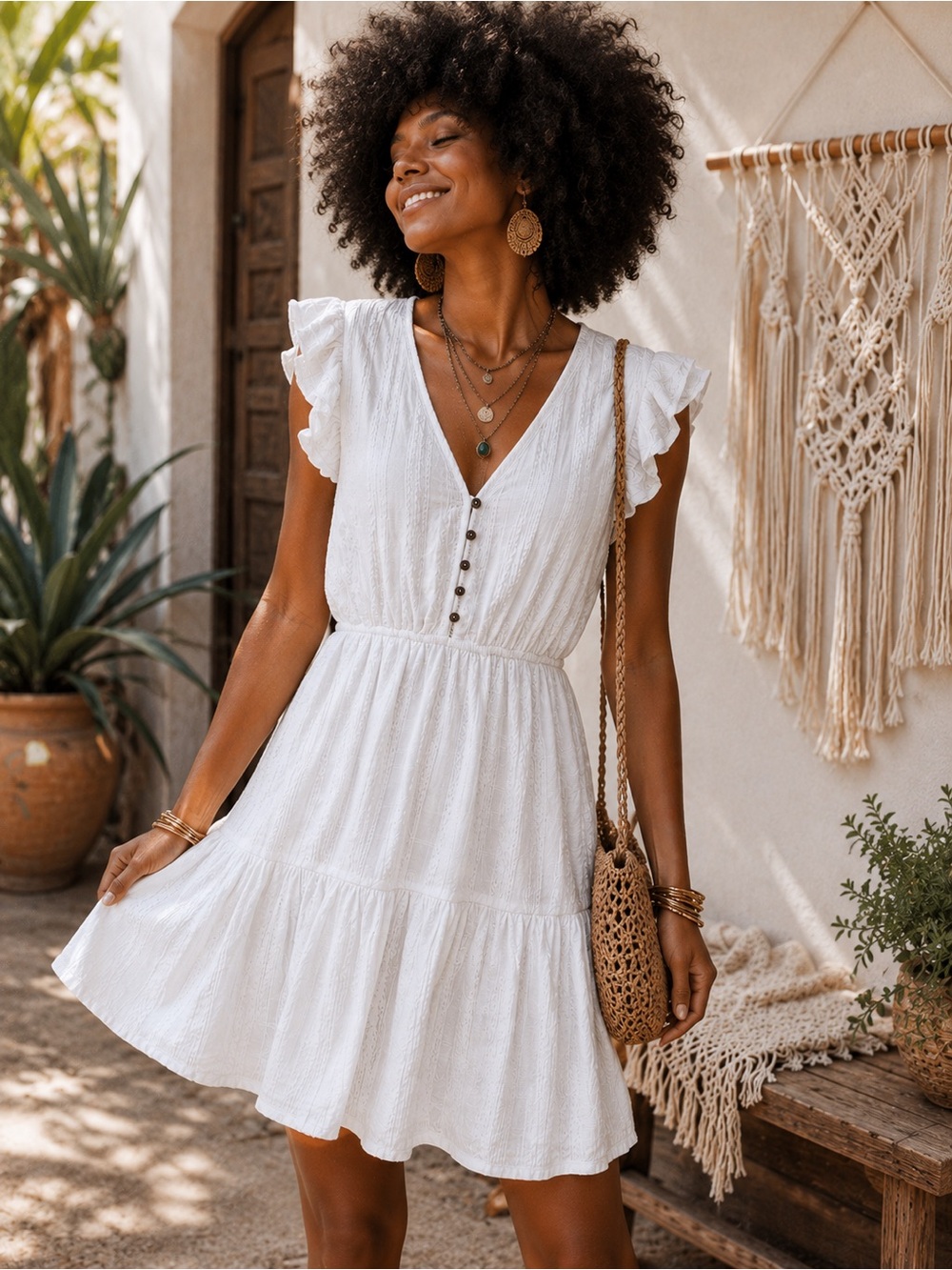 YURA 100% Cotton White Boho Flutter Sleeve Mini Dress | Size S